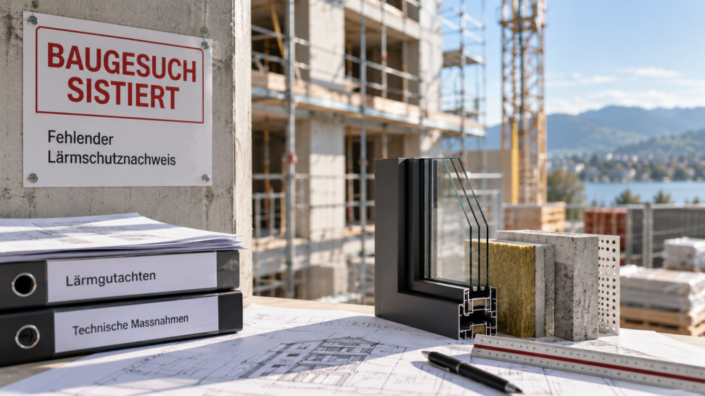 Technische Lärmschutzmassnahmen im Bauprojekt mit Schallschutzfenster und Fassadenaufbau